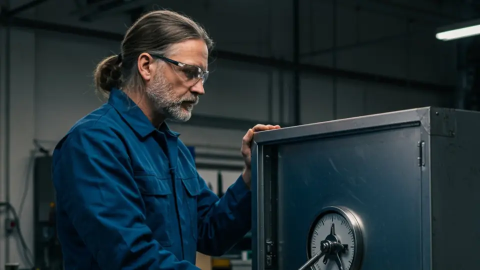Técnico junto a una caja fuerte acorazada nueva