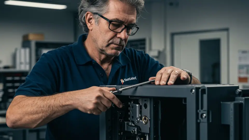 Técnico abriendo una caja fuerte con herramientas de precisión