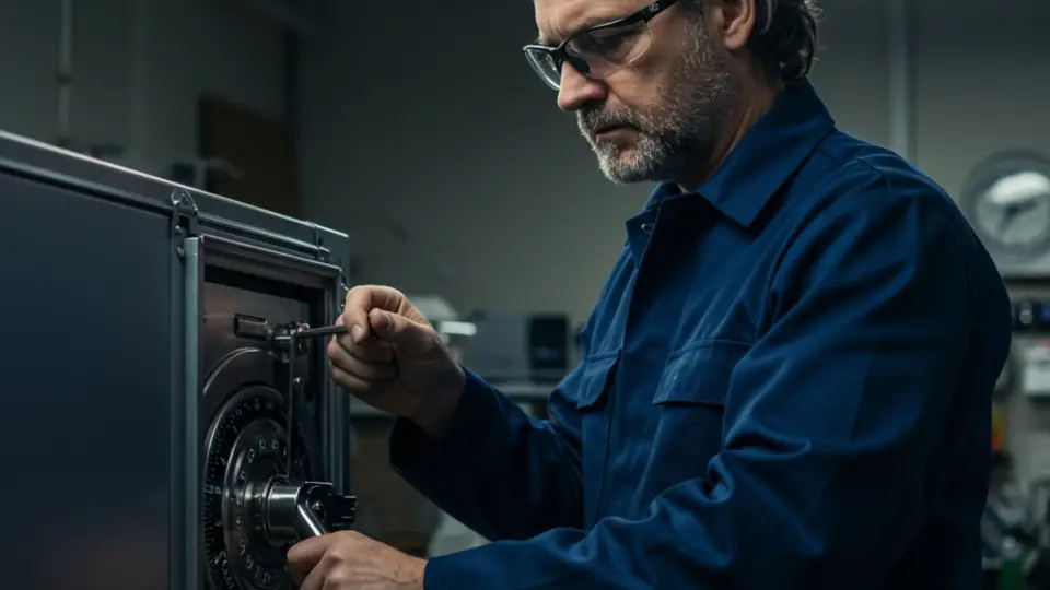 Técnico revisando el mecanismo de una caja fuerte de noche