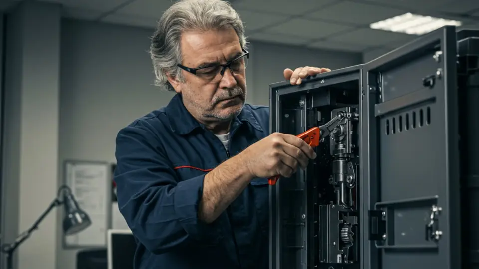Técnico reparando la cerradura de una caja fuerte