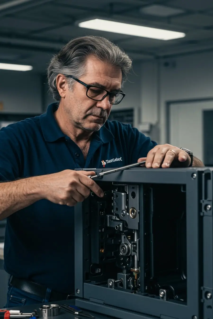 Técnico de la empresa revisando una caja fuerte